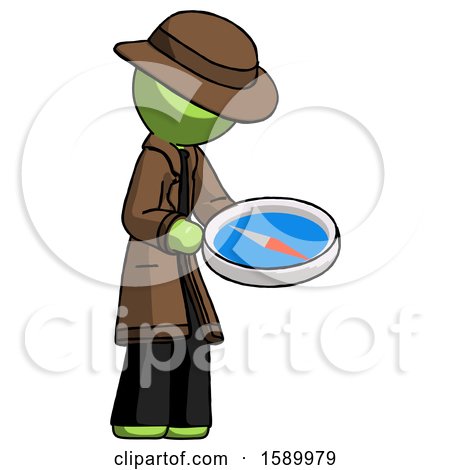 Green Detective Man Looking at Large Compass Facing Right by Leo Blanchette