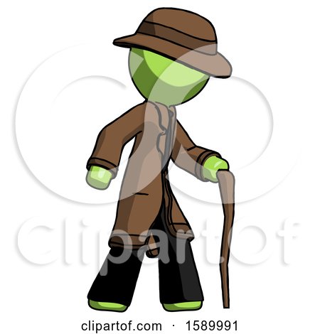 Green Detective Man Walking with Hiking Stick by Leo Blanchette