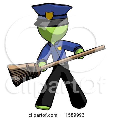 Green Police Man Broom Fighter Defense Pose by Leo Blanchette