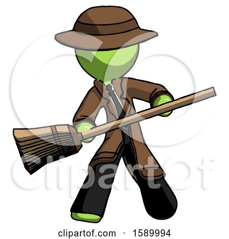 Green Detective Man Broom Fighter Defense Pose by Leo Blanchette