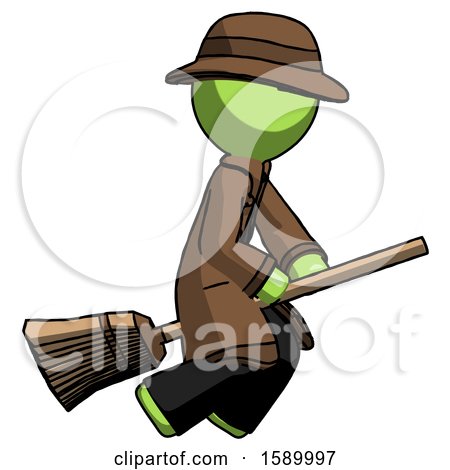 Green Detective Man Flying on Broom by Leo Blanchette