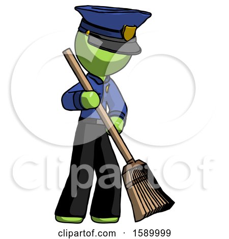 Green Police Man Sweeping Area with Broom by Leo Blanchette