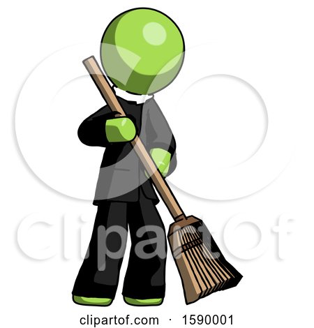 Green Clergy Man Sweeping Area with Broom by Leo Blanchette