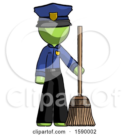 Green Police Man Standing with Broom Cleaning Services by Leo Blanchette