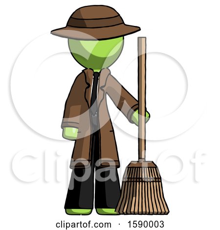 Green Detective Man Standing with Broom Cleaning Services by Leo Blanchette