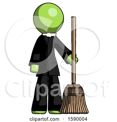 Green Clergy Man Standing with Broom Cleaning Services by Leo Blanchette