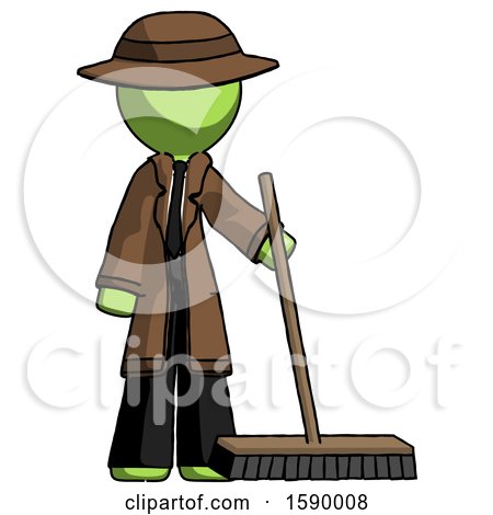 Green Detective Man Standing with Industrial Broom by Leo Blanchette