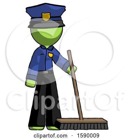 Green Police Man Standing with Industrial Broom by Leo Blanchette