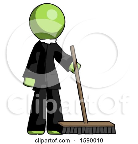 Green Clergy Man Standing with Industrial Broom by Leo Blanchette