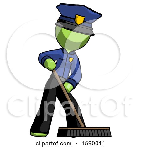 Green Police Man Cleaning Services Janitor Sweeping Floor with Push Broom by Leo Blanchette