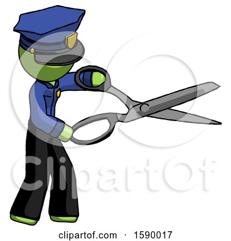 Green Police Man Holding Giant Scissors Cutting out Something by Leo Blanchette