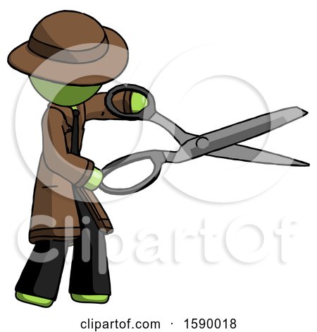 Green Detective Man Holding Giant Scissors Cutting out Something by Leo Blanchette