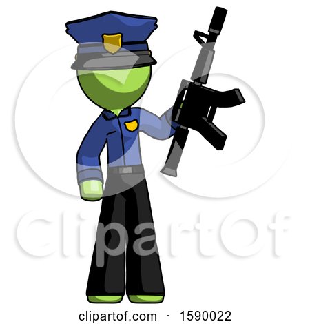 Green Police Man Holding Automatic Gun by Leo Blanchette