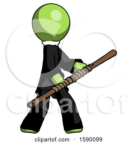 Green Clergy Man Holding Bo Staff in Sideways Defense Pose by Leo Blanchette