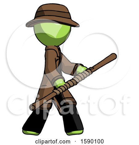 Green Detective Man Holding Bo Staff in Sideways Defense Pose by Leo Blanchette