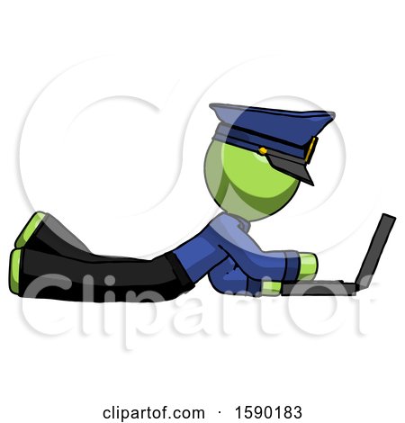 Green Police Man Using Laptop Computer While Lying on Floor Side View by Leo Blanchette