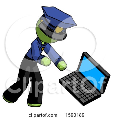 Green Police Man Throwing Laptop Computer in Frustration by Leo Blanchette