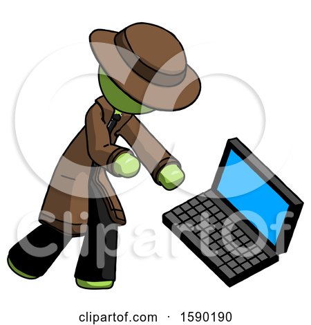 Green Detective Man Throwing Laptop Computer in Frustration by Leo Blanchette