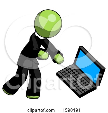 Green Clergy Man Throwing Laptop Computer in Frustration by Leo Blanchette