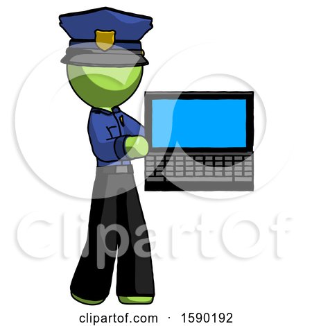 Green Police Man Holding Laptop Computer Presenting Something on Screen by Leo Blanchette