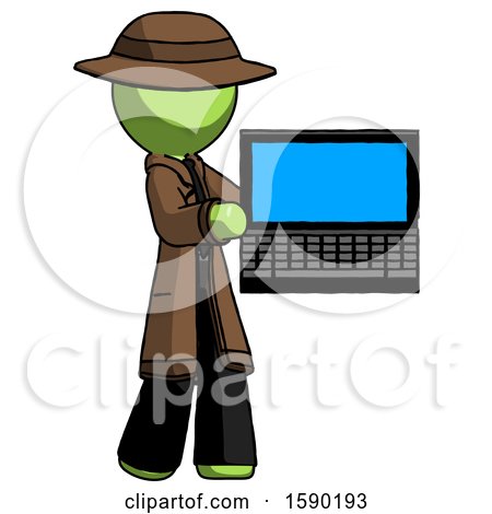 Green Detective Man Holding Laptop Computer Presenting Something on Screen by Leo Blanchette