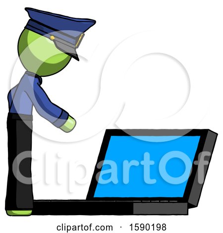 Green Police Man Using Large Laptop Computer Side Orthographic View by Leo Blanchette