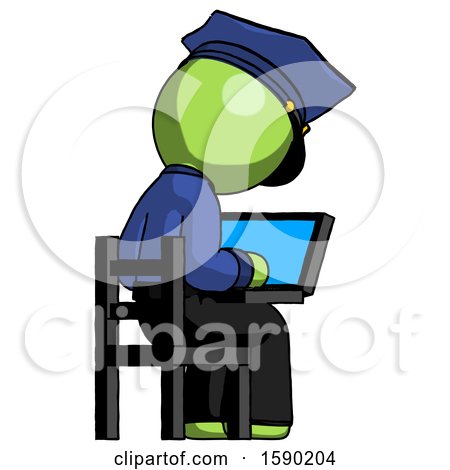 Green Police Man Using Laptop Computer While Sitting in Chair View from Back by Leo Blanchette