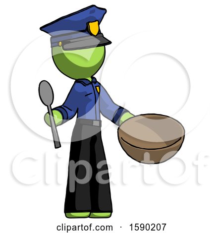 Green Police Man with Empty Bowl and Spoon Ready to Make Something by Leo Blanchette