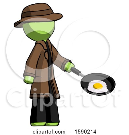 Green Detective Man Frying Egg in Pan or Wok Facing Right by Leo Blanchette