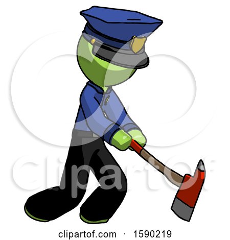 Green Police Man Striking with a Red Firefighter's Ax by Leo Blanchette