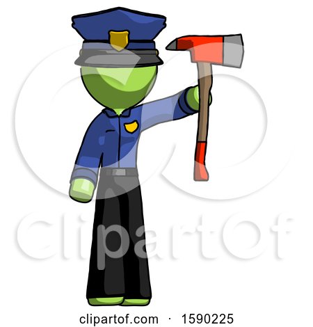 Green Police Man Holding up Red Firefighter's Ax by Leo Blanchette