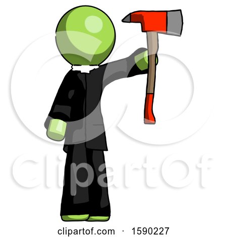 Green Clergy Man Holding up Red Firefighter's Ax by Leo Blanchette