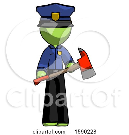 Green Police Man Holding Red Fire Fighter's Ax by Leo Blanchette