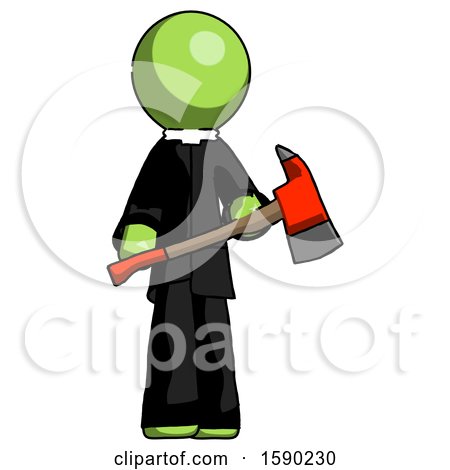 Green Clergy Man Holding Red Fire Fighter's Ax by Leo Blanchette