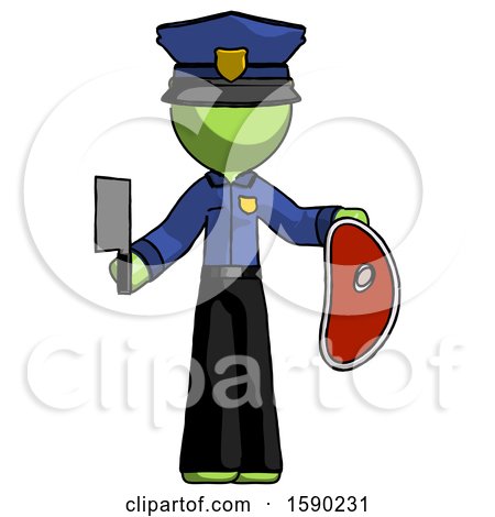 Green Police Man Holding Large Steak with Butcher Knife by Leo Blanchette