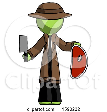 Green Detective Man Holding Large Steak with Butcher Knife by Leo Blanchette