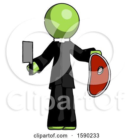 Green Clergy Man Holding Large Steak with Butcher Knife by Leo Blanchette