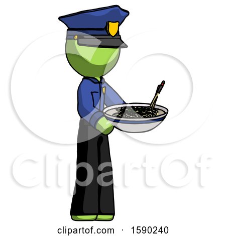 Green Police Man Holding Noodles Offering to Viewer by Leo Blanchette