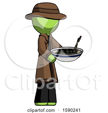 Green Detective Man Holding Noodles Offering to Viewer by Leo Blanchette