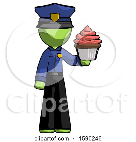 Green Police Man Presenting Pink Cupcake to Viewer by Leo Blanchette