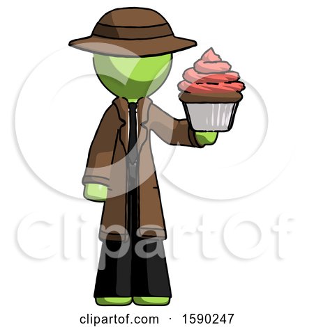 Green Detective Man Presenting Pink Cupcake to Viewer by Leo Blanchette