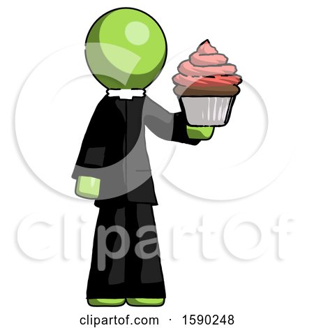 Green Clergy Man Presenting Pink Cupcake to Viewer by Leo Blanchette