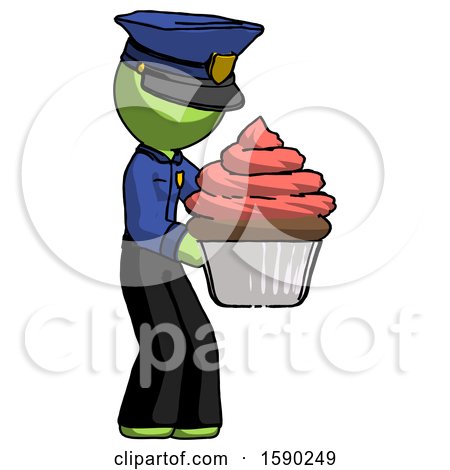 Green Police Man Holding Large Cupcake Ready to Eat or Serve by Leo Blanchette