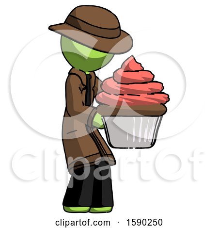 Green Detective Man Holding Large Cupcake Ready to Eat or Serve by Leo Blanchette