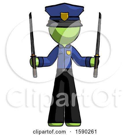 Green Police Man Posing with Two Ninja Sword Katanas up by Leo Blanchette