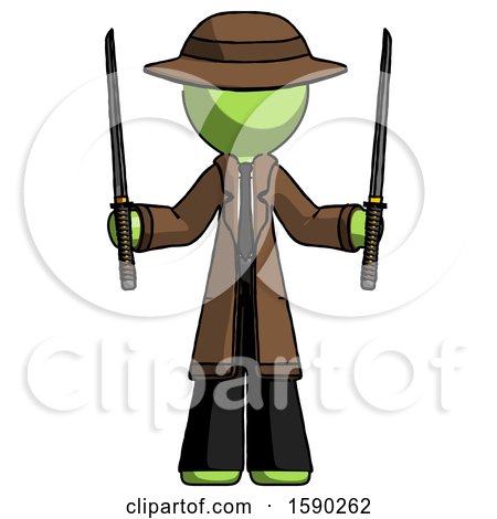 Green Detective Man Posing with Two Ninja Sword Katanas up by Leo Blanchette