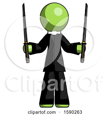 Green Clergy Man Posing with Two Ninja Sword Katanas up by Leo Blanchette