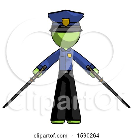 Green Police Man Posing with Two Ninja Sword Katanas by Leo Blanchette