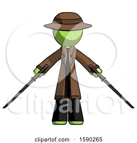 Green Detective Man Posing with Two Ninja Sword Katanas by Leo Blanchette
