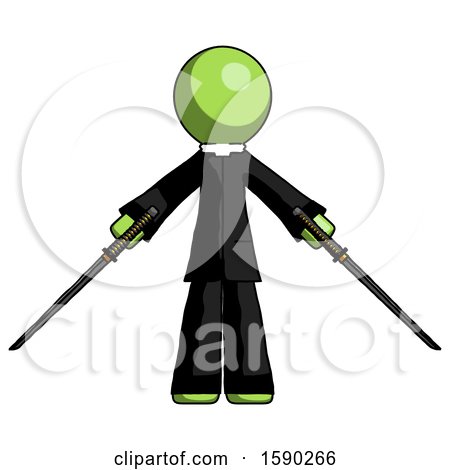 Green Clergy Man Posing with Two Ninja Sword Katanas by Leo Blanchette